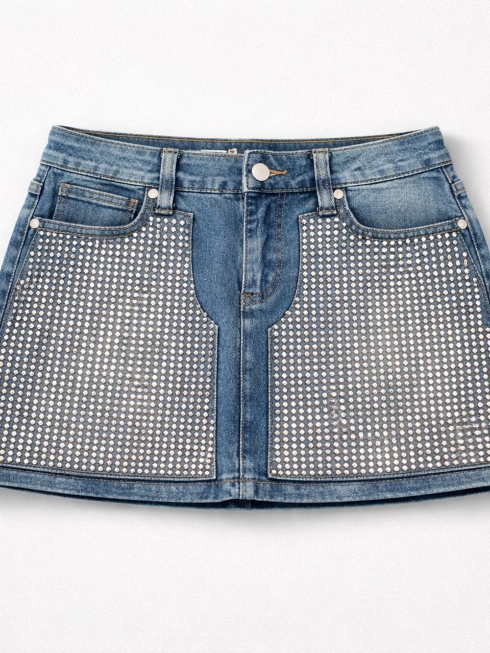 Studded Blue Denim Mini Skirt - Women